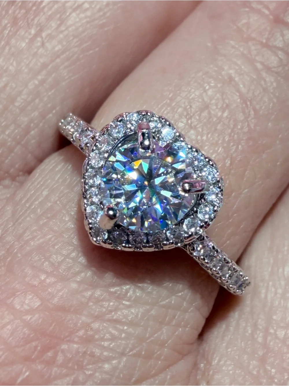 Sparkling Moissanite Heart Shape with Halo and Shimmering Stones on Band